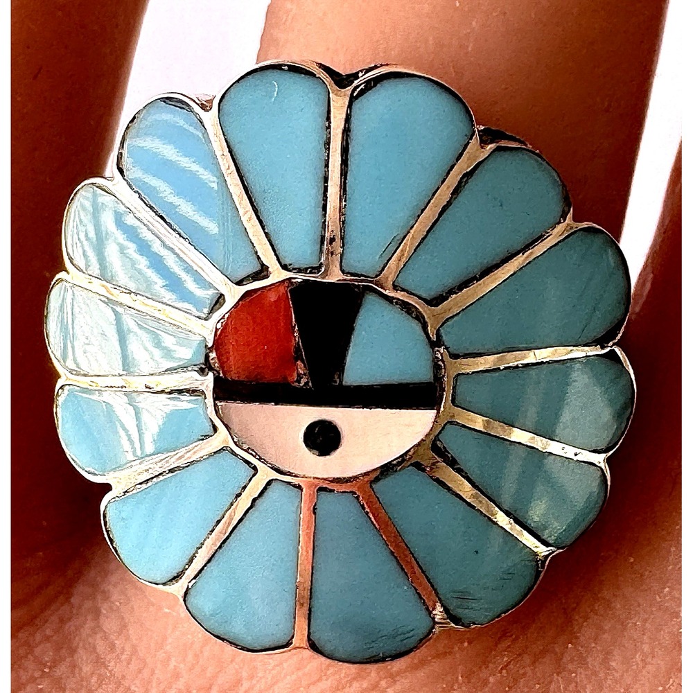 Zuni Sunface Turquoise Ring Sz 11 Coral Signed Handmade Sterling Native American